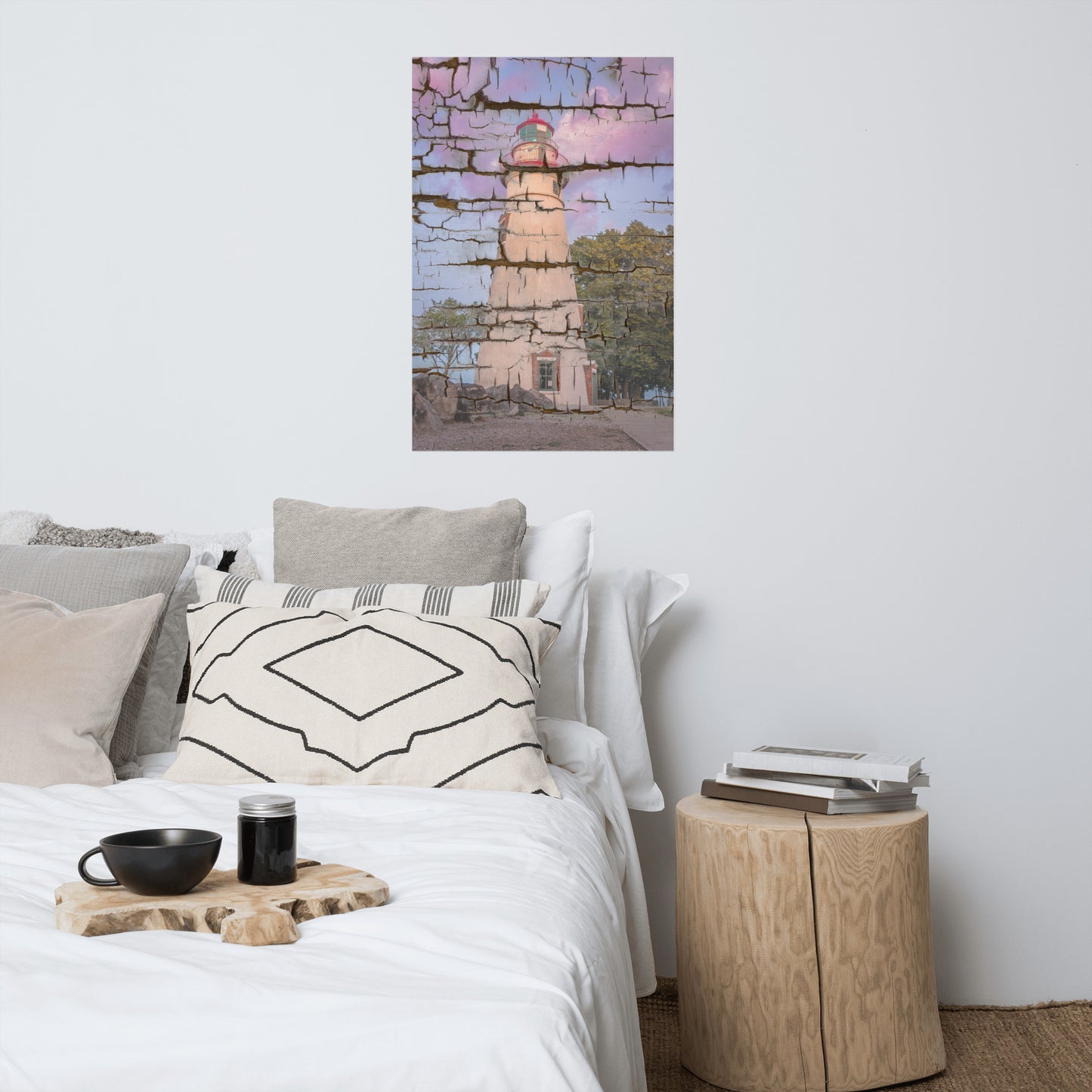 Faux Wood Texture Marblehead Lighthouse at Sunset Landscape Photo Loose Wall Art Print