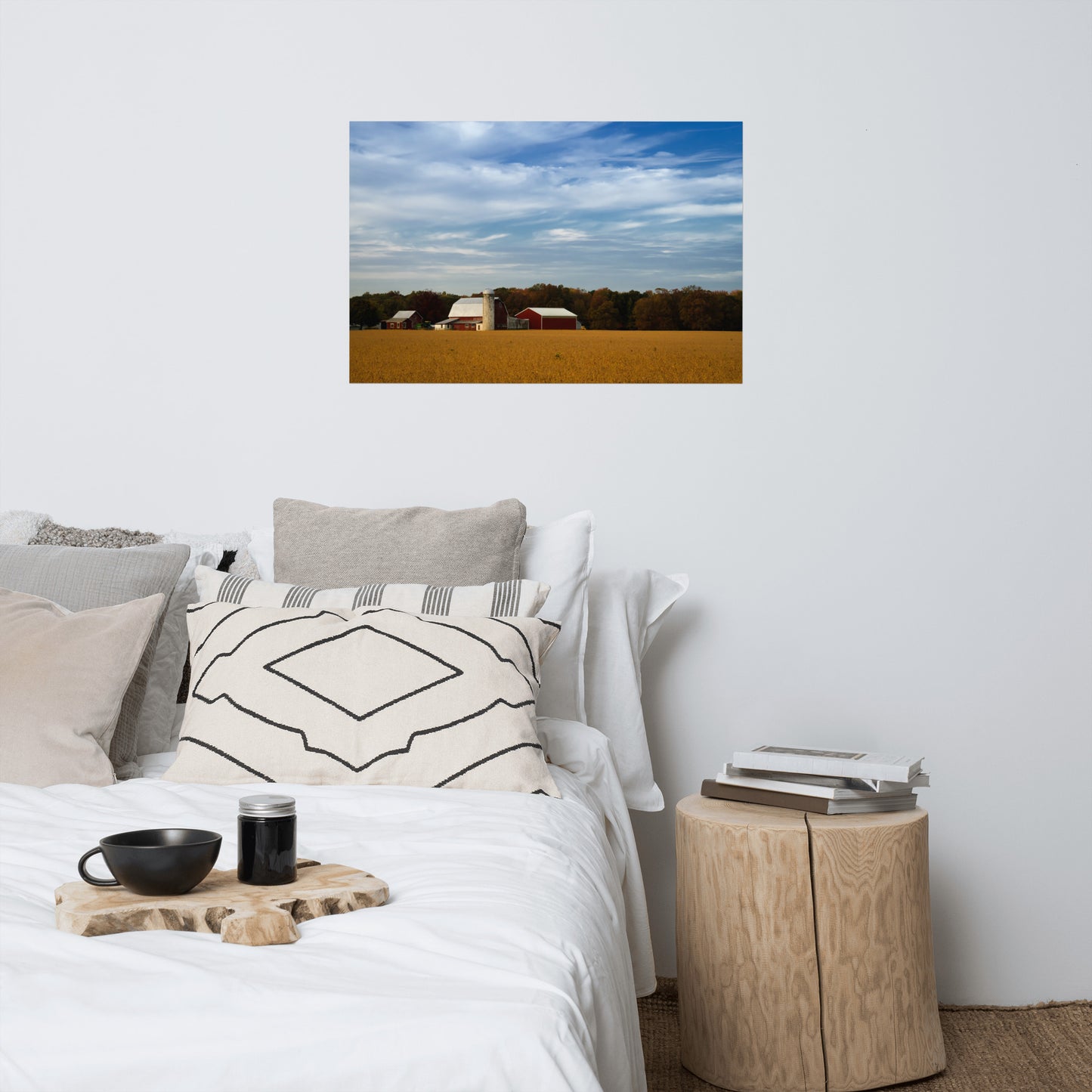 Red Barn in Golden Field Traditional Color Rustic Farmhouse Style Landscape Photo Loose Wall Art Prints