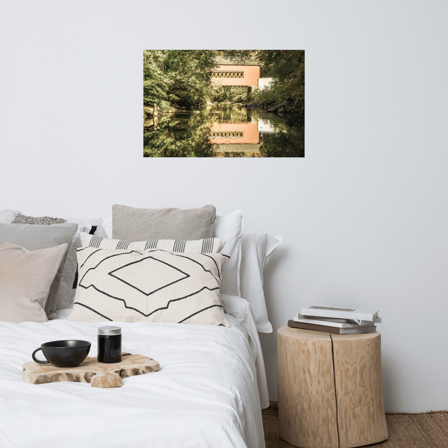 The Reflection of Wooddale Covered Bridge Aged Rustic Farmhouse Style Landscape Photo Loose Wall Art Prints