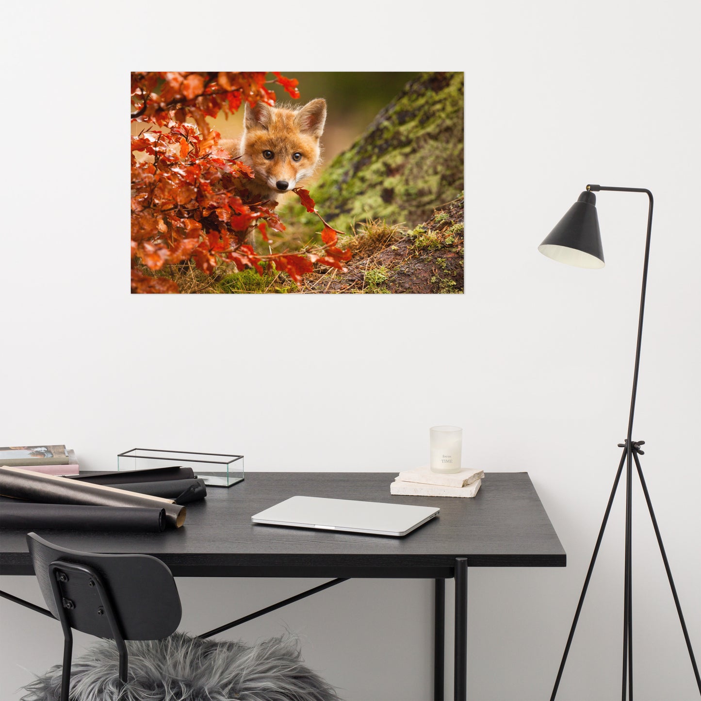 Woodland Nursery Wall Decor: Peek-A-Boo Baby Fox Pup And Fall Leaves - Animal / Wildlife / Nature Photograph / Loose / Frameable / Frameless / Unframed Wall Art Print Artwork - Wall Decor