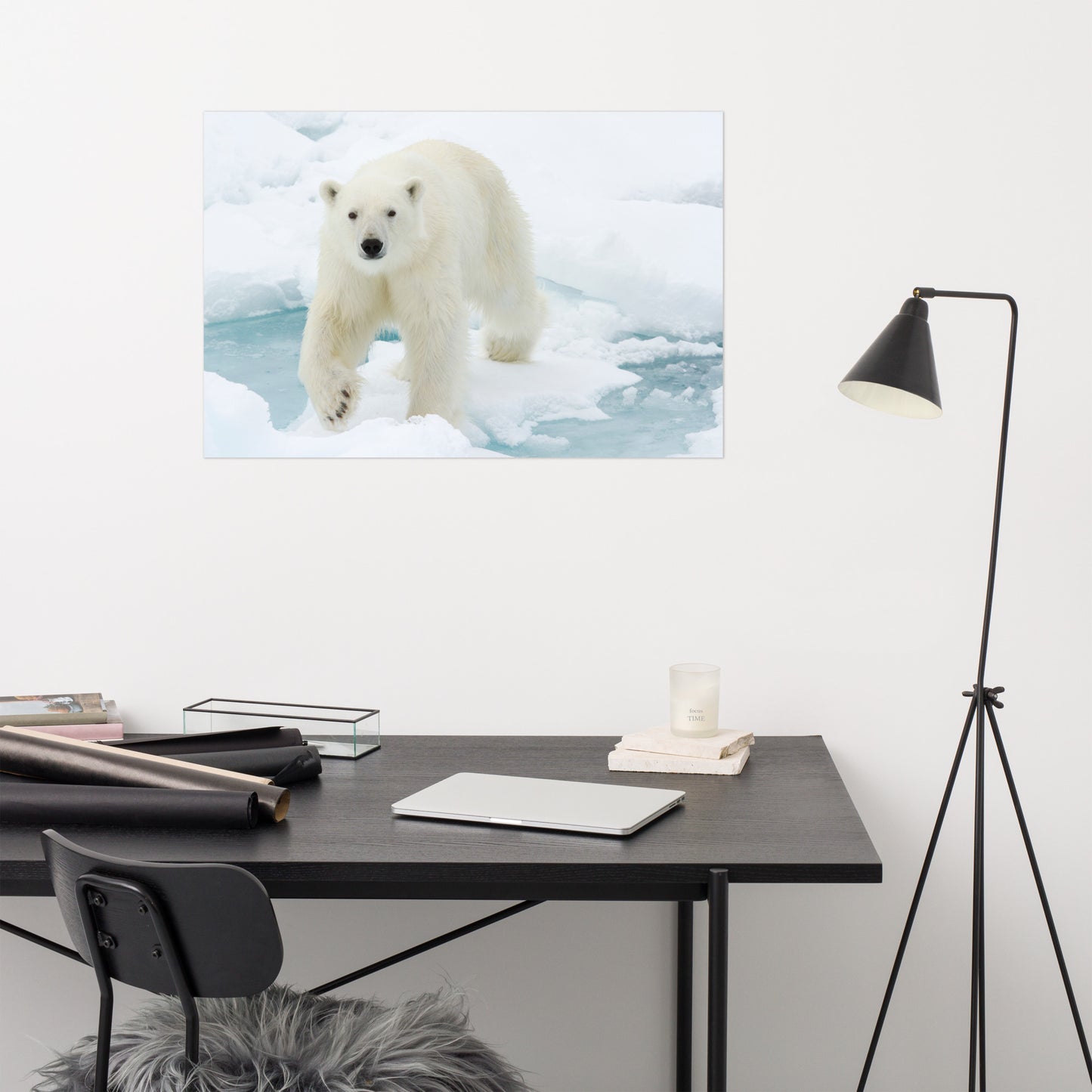 Giant White Polar Bear Walking On Icy Lake Winter Wildlife Photograph Loose Wall Art Print