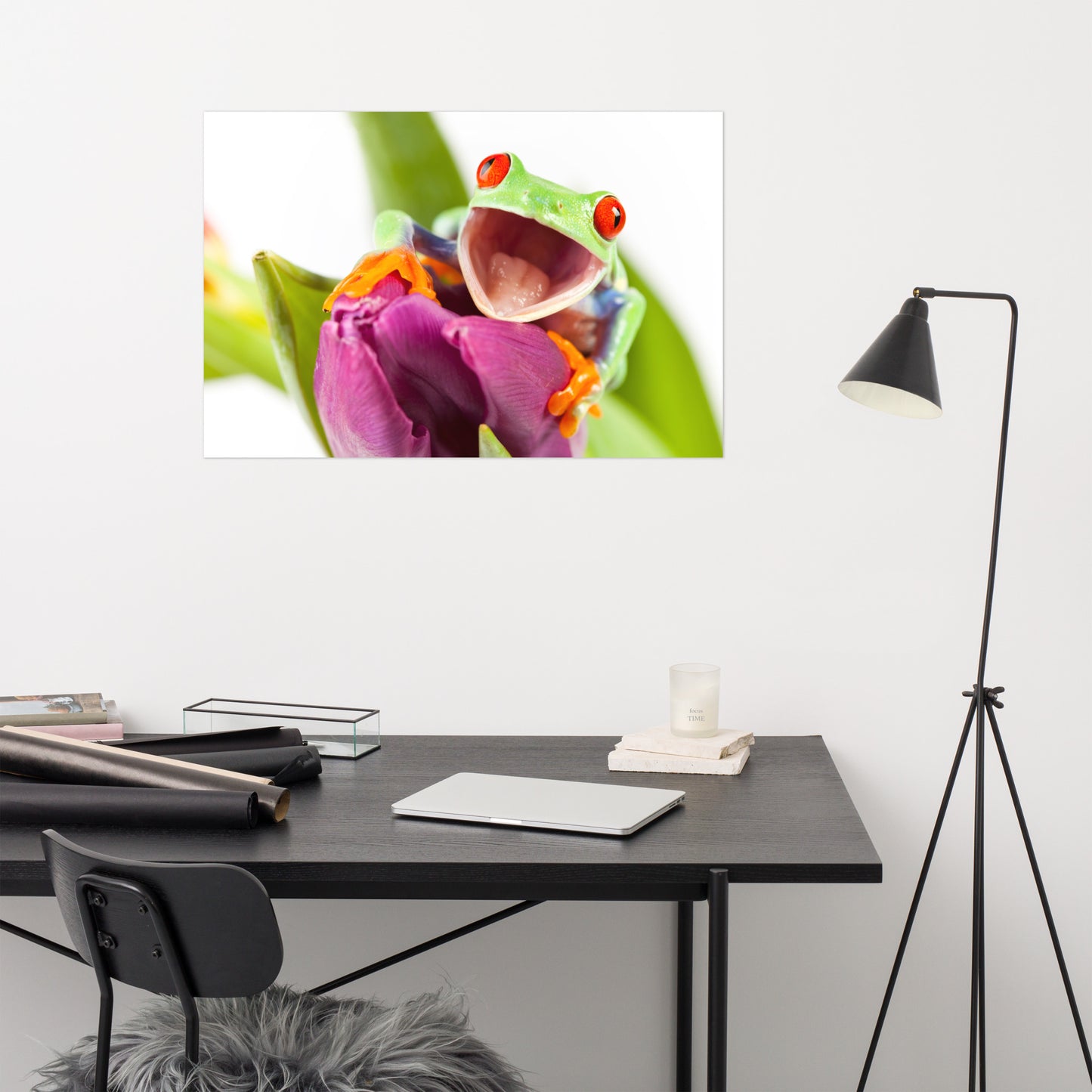 Happy Red Eyed Tree Frog Sitting on Purple Tulip Flower Bloom Wildlife Nature Photo Loose Wall Art Print