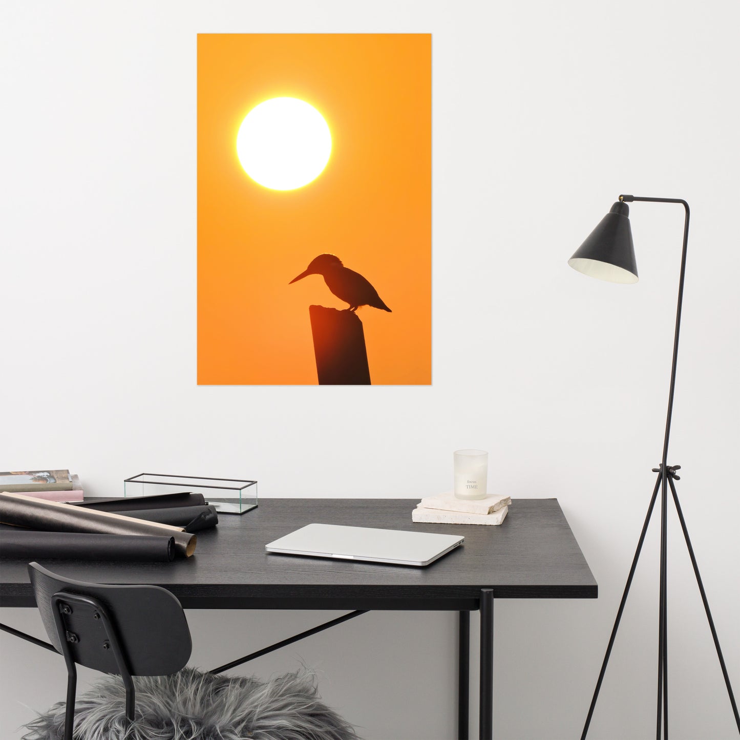Kingfisher Bird Silhouette on Perch at Sunset Loose Wall Art Print