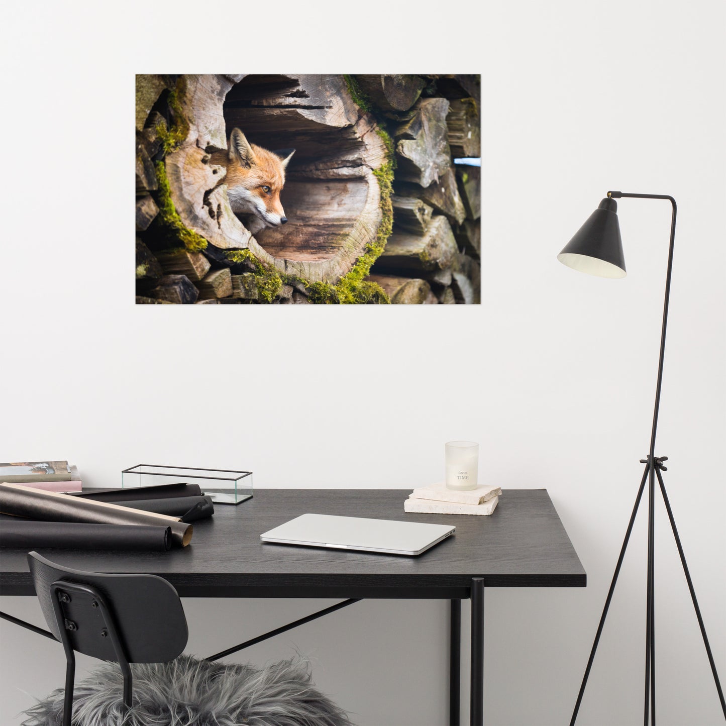Young Red Fox Face In Mossy Stump Animal Wildlife Rustic Farmhouse Style Nature Photograph Loose Wall Art Print
