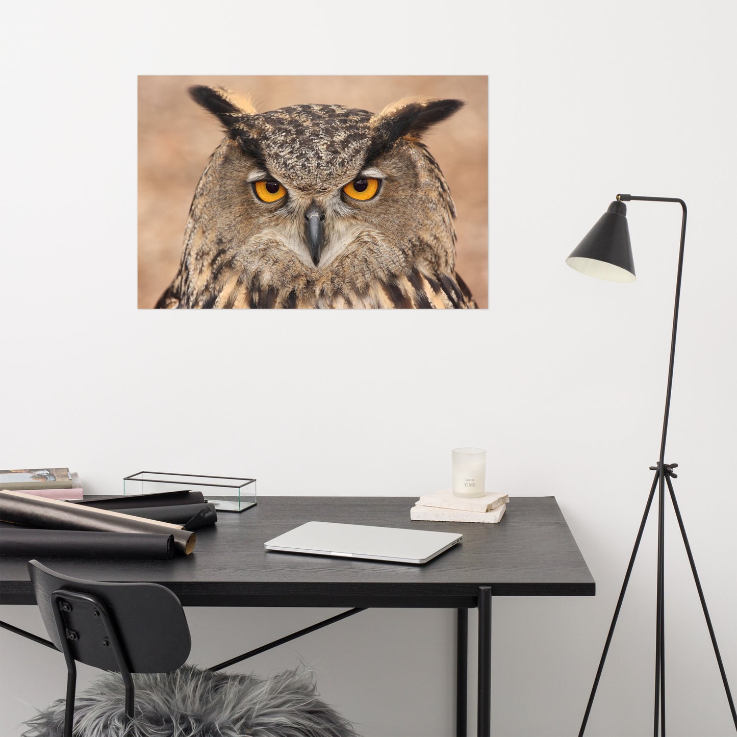 Close-up Yellow Eurasian Eagle Owl Rustic Bird / Animal / Wildlife Photo Loose Wall Art Print