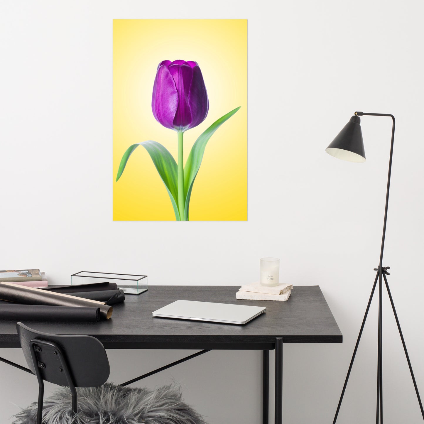 Purple Tulip on Yellow Minimal Floral Nature Photo Loose Wall Art Print