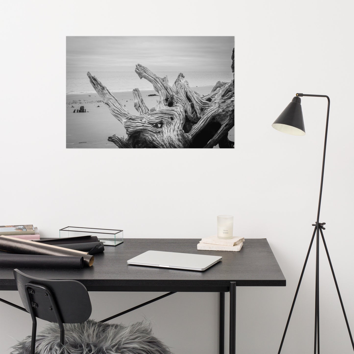 Driftwood on Boneyard Beach Florida 4 Black and White Coastal Nature Photo Loose Wall Art Print