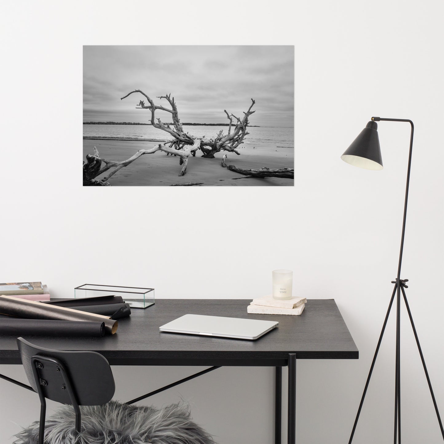 Driftwood on Boneyard Beach Florida 3 Black and White Rustic Coastal Landscape Photo - Loose Wall Art Print