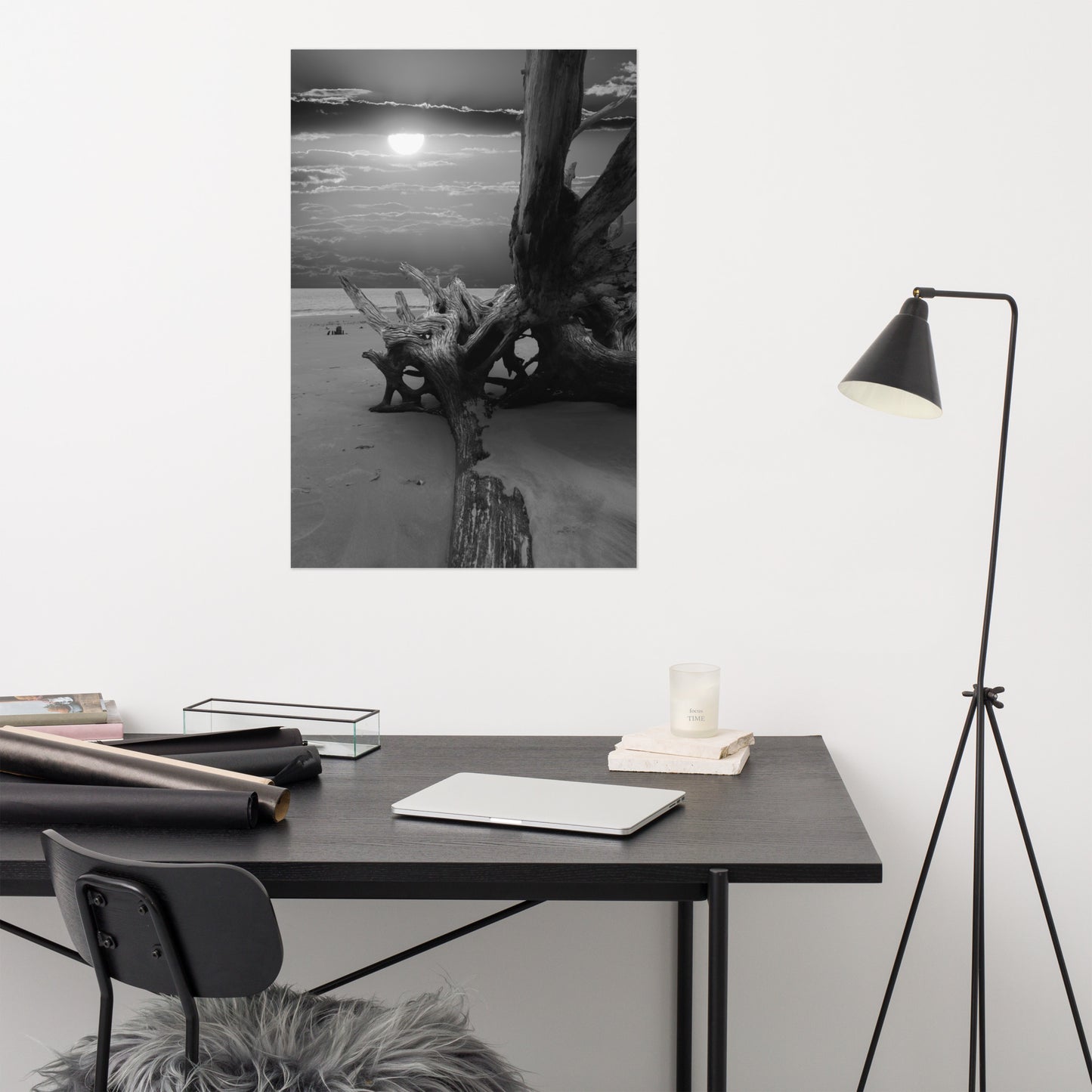Dried Tree Roots and Sunrise 2 Black and White Landscape Photo Loose (Unframed) Wall Art Print