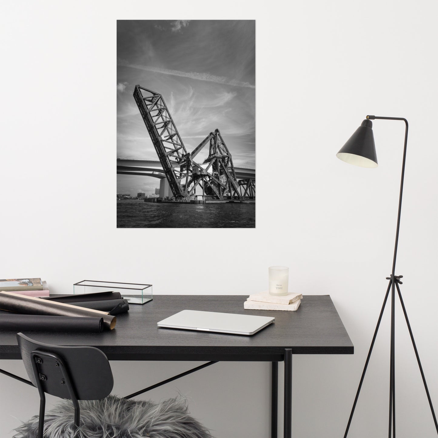 Train Drawbridge Jacksonville 2 Black and White Architectural / Industrial Photo Loose Wall Art Print