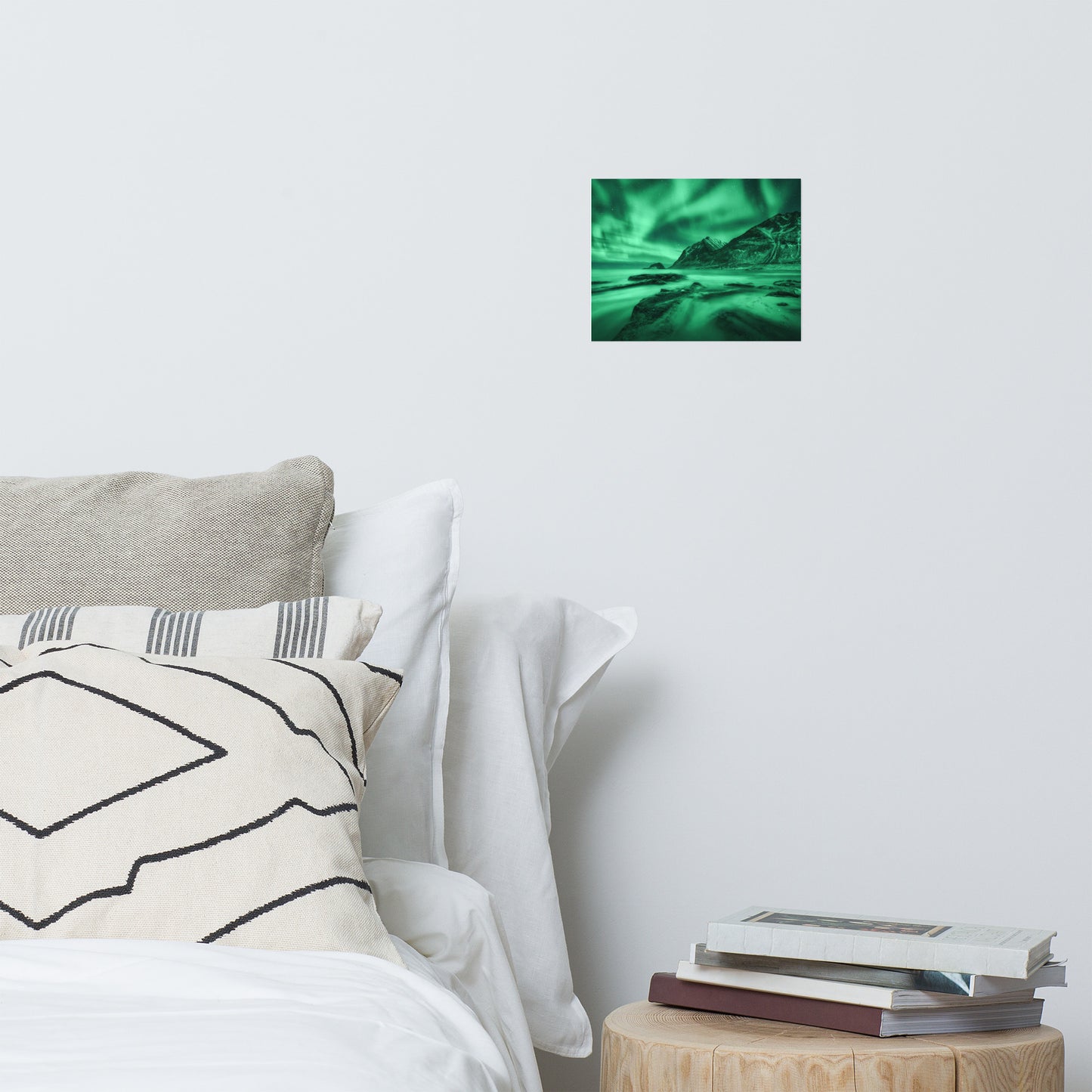 Green Northern Lights and Mountain Coast Landscape Photo Loose Wall Art Prints