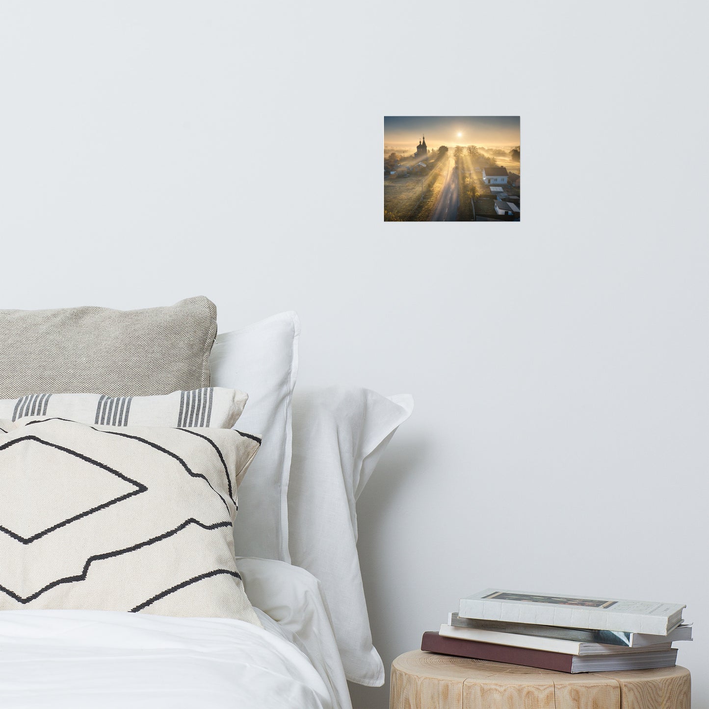 Misty Rural Town Sunrise in Autumn with Glory Rays Rustic Farmhouse Style Landscape Photo Loose Wall Art Prints