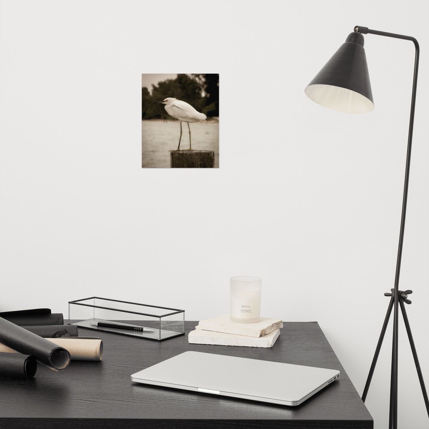 Best Office Wall Decor: Aged and Colorized Snowy Egret on Pillar Sepia Coastal Bird / Animal / Wildlife / Nature Loose / Unframed / Frameless / Frameable Wall Art Print - Artwork