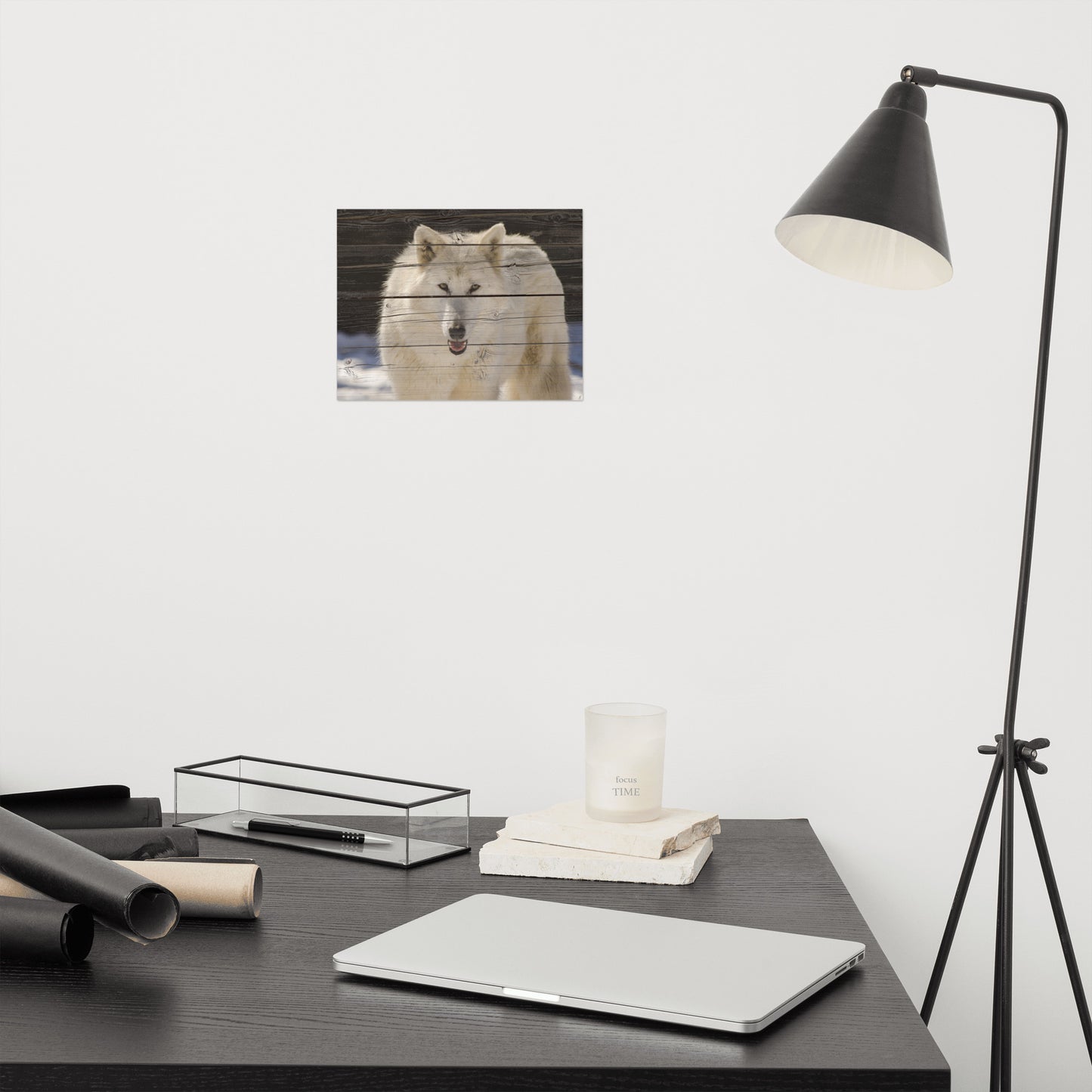 Rustic Office Wall Art: hite Wolf Portrait on Faux Weathered Wood Texture - Animal / Wildlife / Nature Artwork