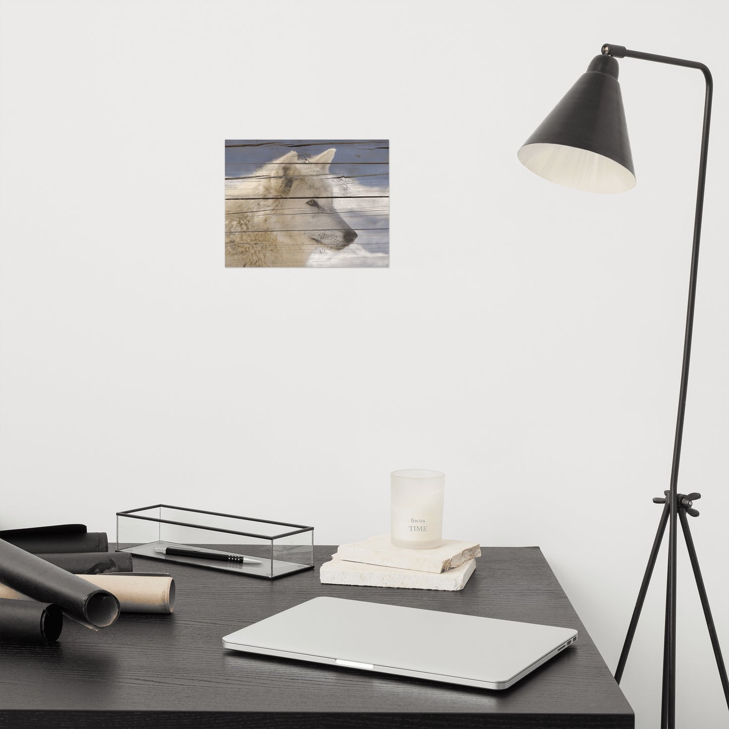 Trendy Art Prints: Aries the White Wolf Portrait on Faux Weathered Wood Texture - Farmhouse / Country Style / Modern Wildlife / Animal Photographic Artwork