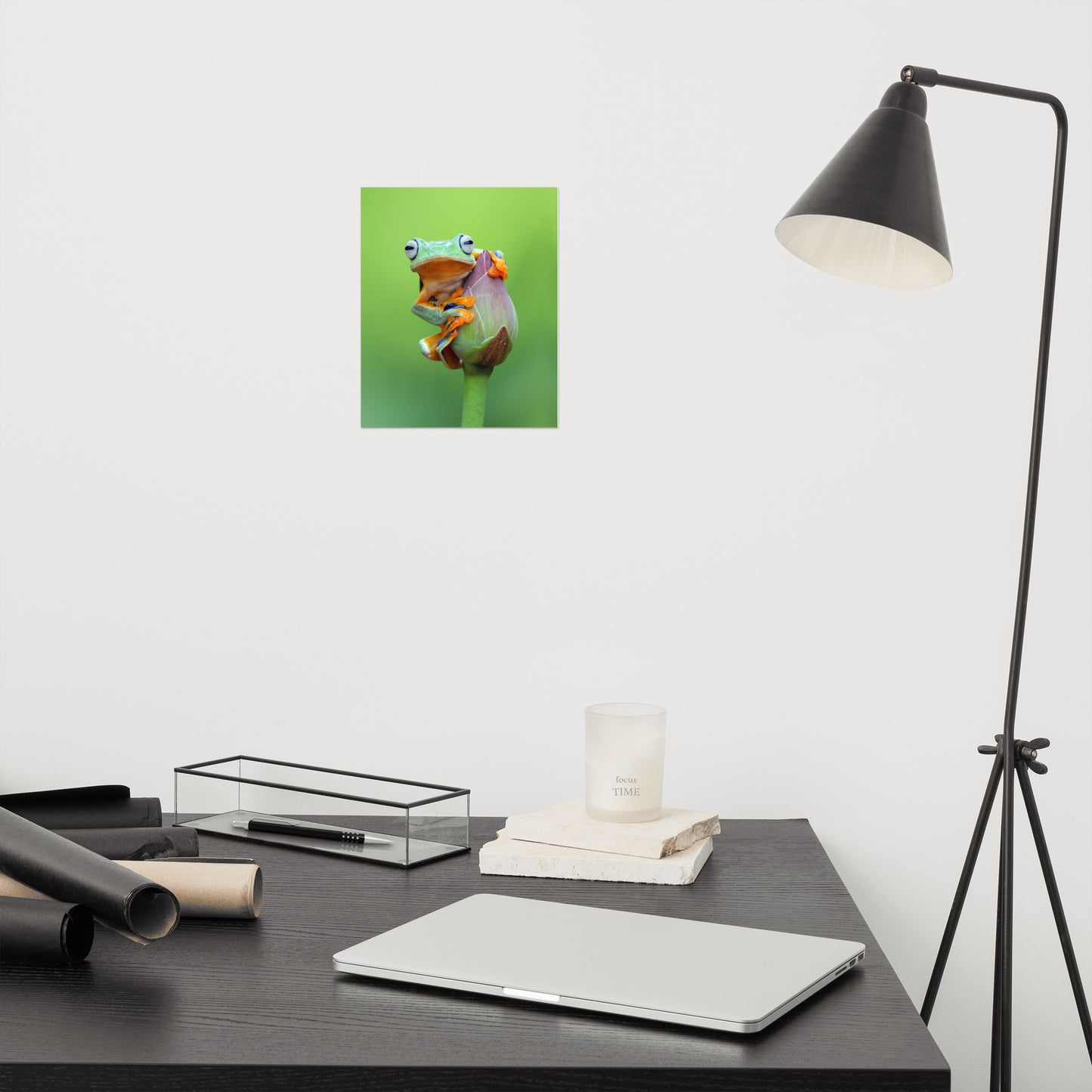 Tiny Green Tree Frog on Lotus Bloom Animal Wildlife Floral Nature Photograph Loose Wall Art Print