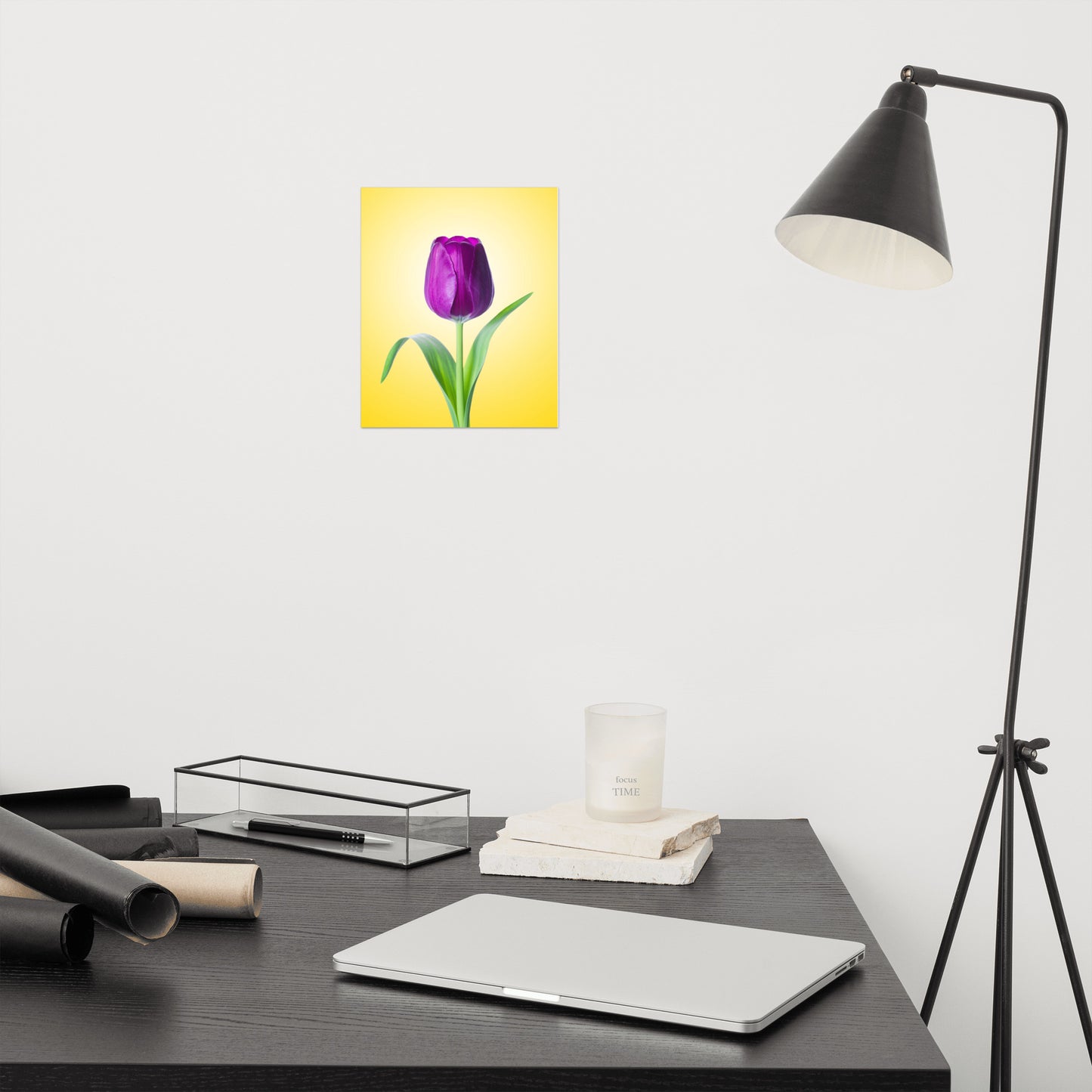 Purple Tulip on Yellow Minimal Floral Nature Photo Loose Wall Art Print