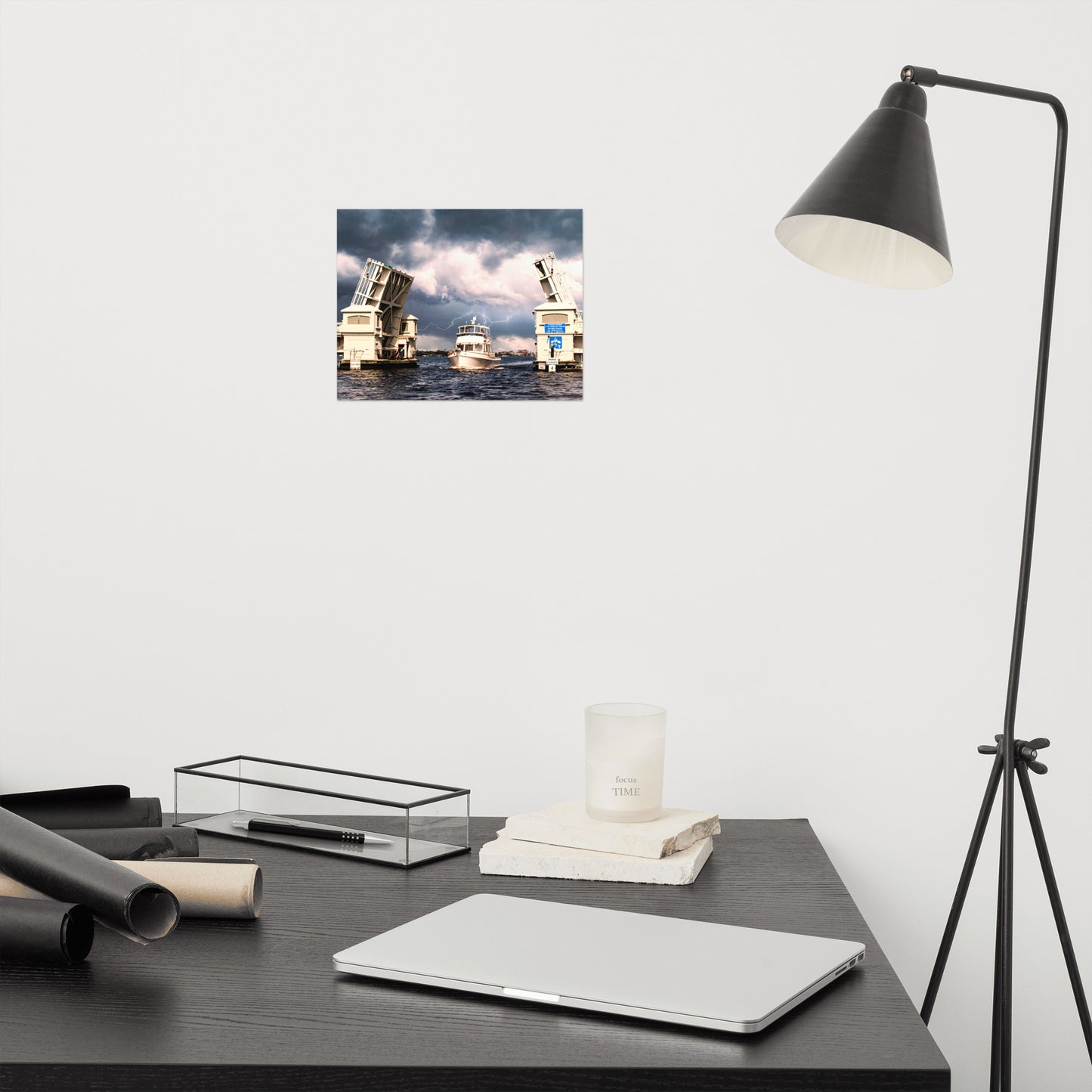Stormy Drawbridge and Boat Racing Towards the Sun Coastal Landscape Photograph Loose Wall Art Print