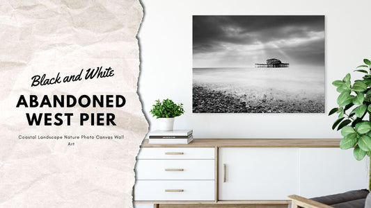 Beach Photo Canvas: Abandoned West Pier Black and White - Coastal / Beach / Seascape / Nature / Landscape Photo Canvas Wall Art Print - Artwork - Wall Decor for your living room, bedroom guest rooms and more.
