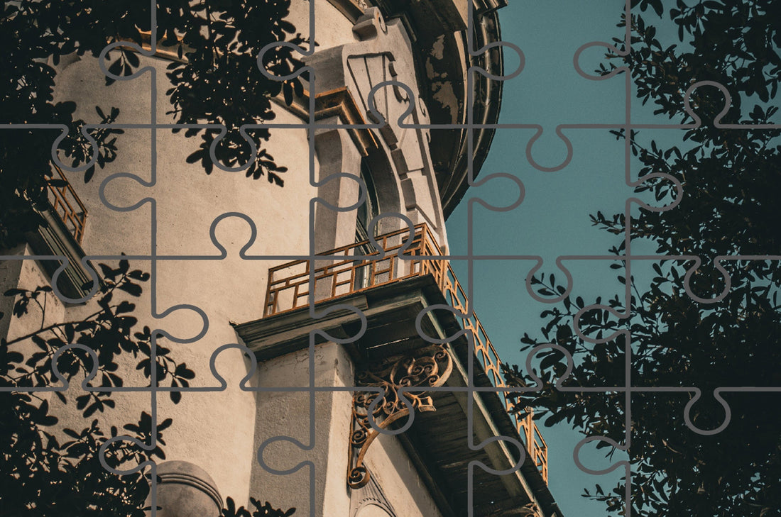 Decorative Tower Window & Trees Architectural Photograph Free Online Jigsaw Puzzle
