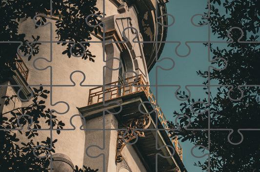 Decorative Tower Window & Trees Architectural Photograph Free Online Jigsaw Puzzle