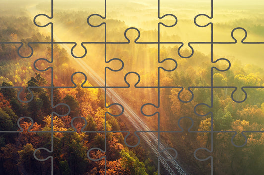 Sunrise Railroad Though Misty Forest With Golden Haze Effect Free Online Jigsaw Puzzle