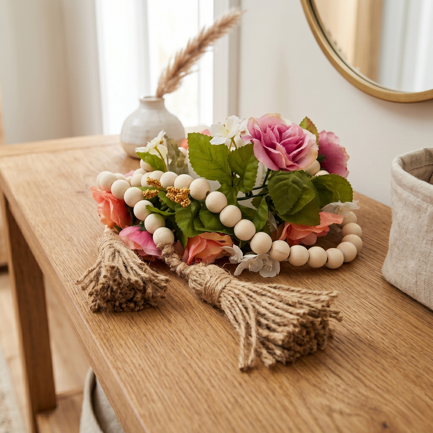 20 MM Wood Bead Garland Natural in a spring time floral centerpiece in a modern farmhouse style entryway