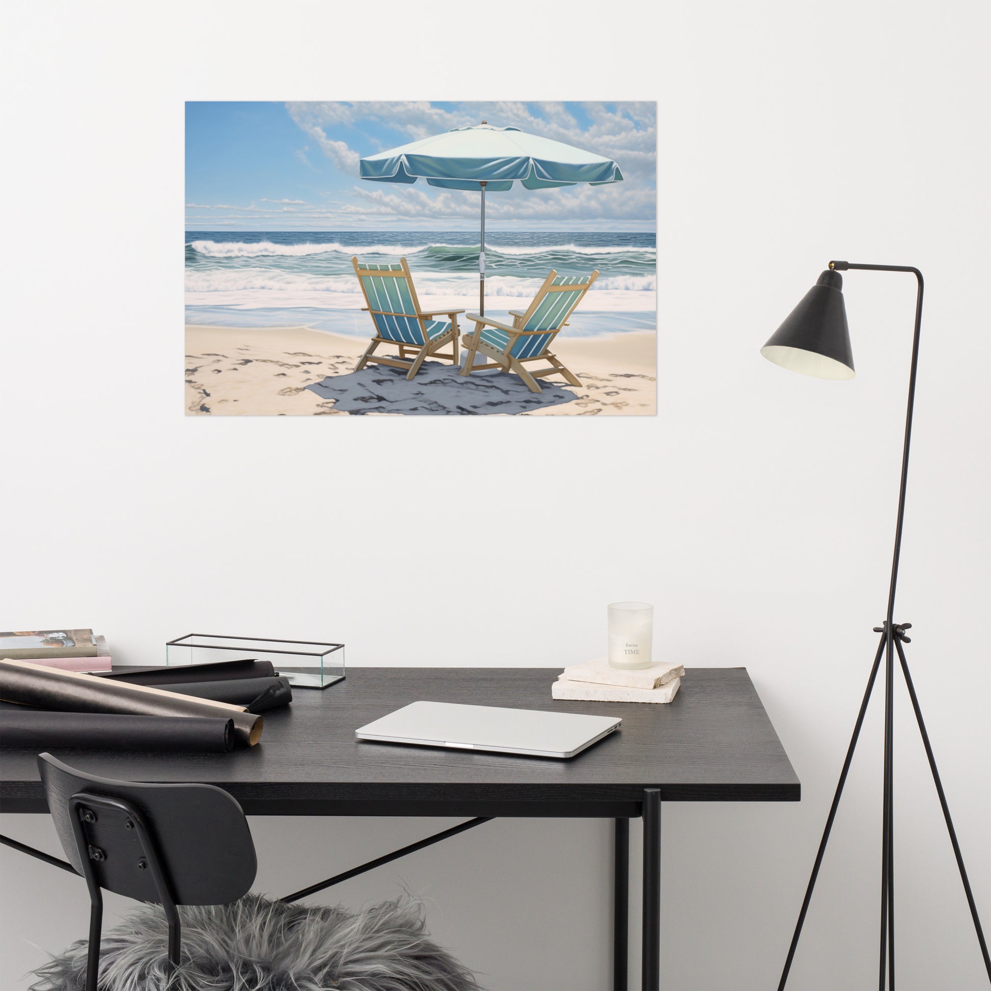 24X36 Beach Poster: A Sunny Spot for Two Coastal Illustration Photorealistic - Digital Artwork Loose Print