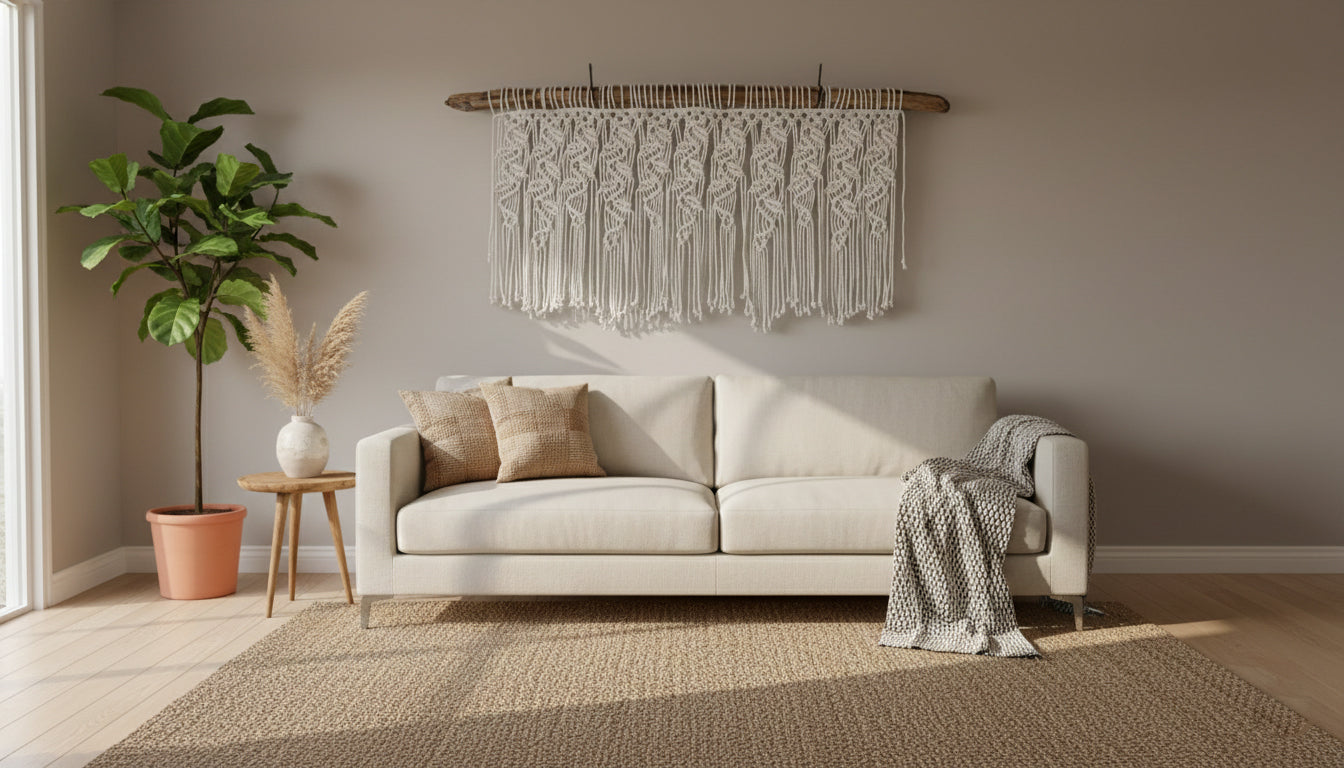 50 Weathered Driftwood Branch Satin Finish with Leaf and Vine Macrame Tapestry Wall Hanging in Boho Living Room Setting