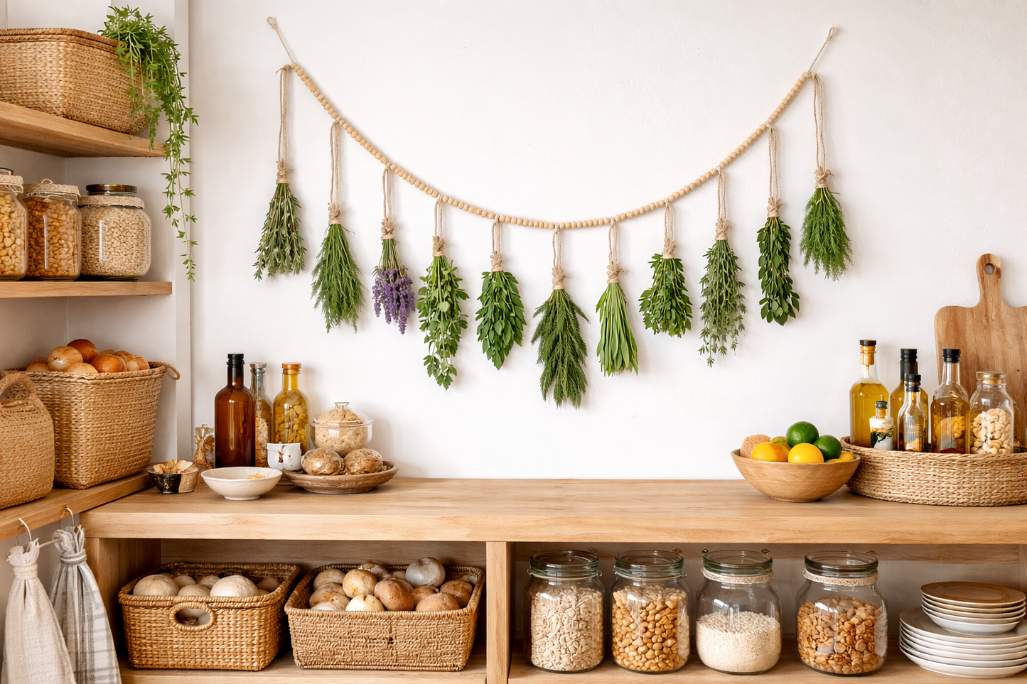 60 Boho Hanging Herb Drying Garland with Wooden Beads & Clips