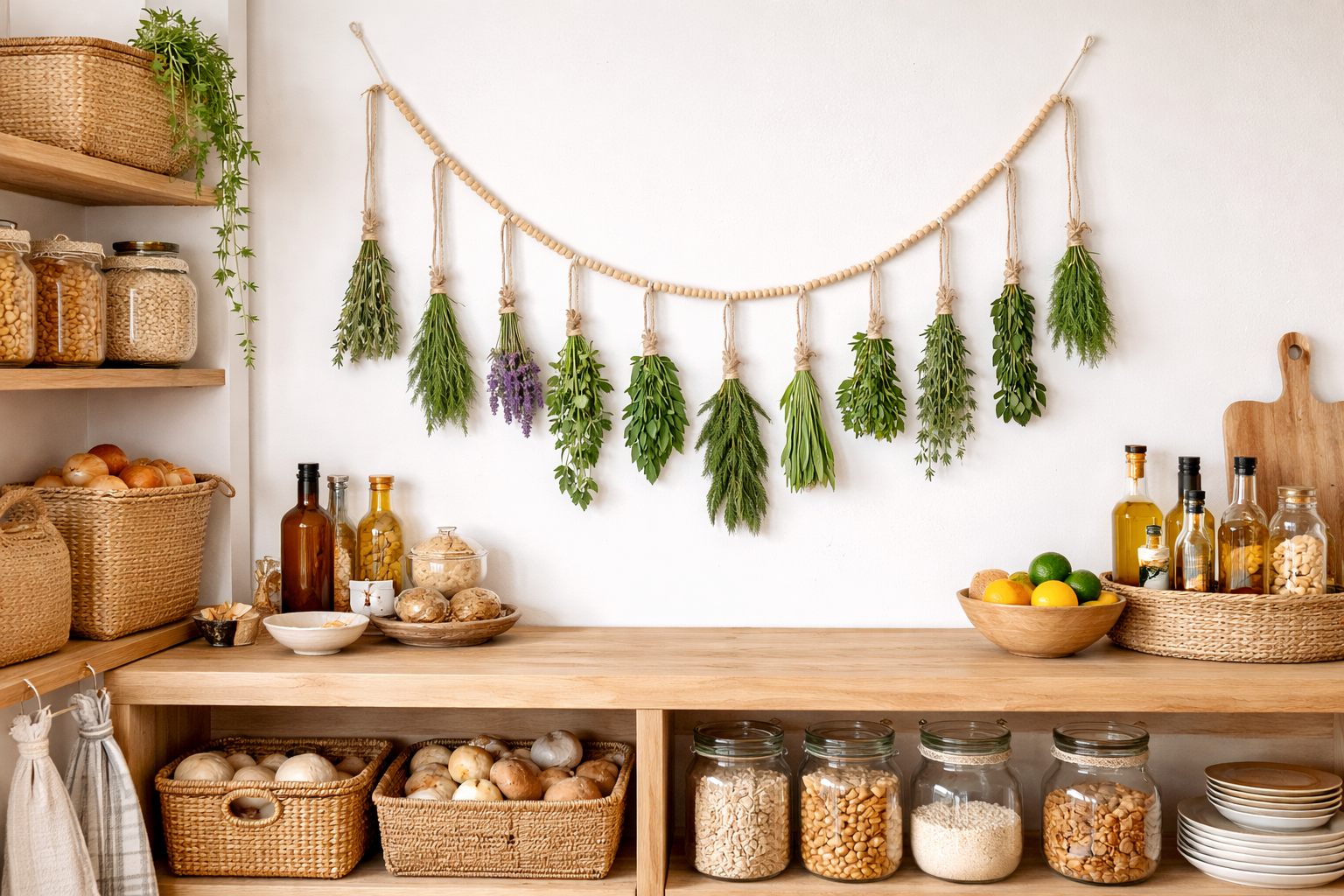 60 Boho Hanging Herb Drying Garland with Wooden Beads & Clips