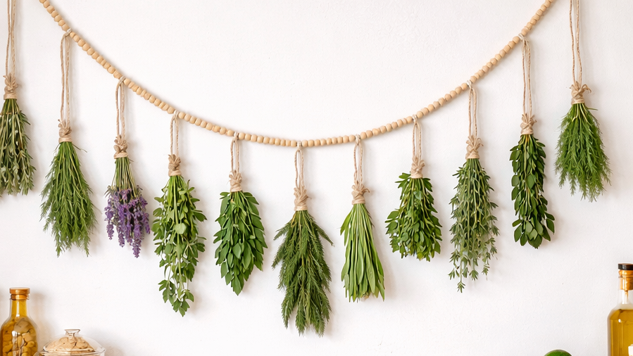 60 Boho Hanging Herb Drying Garland with Wooden Beads & Clips End