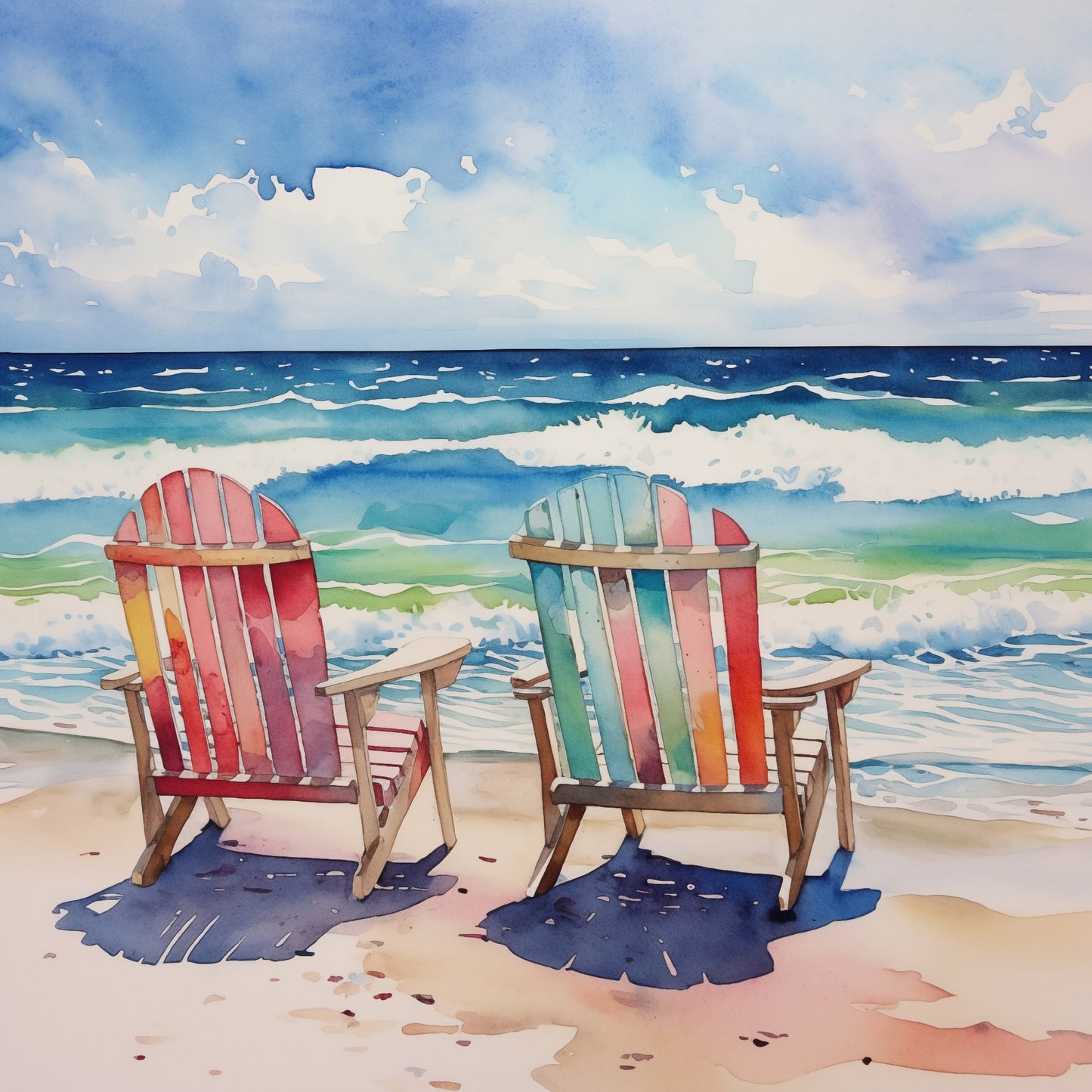 Chair on Beach Painting: "A Sunny Day for Two" Watercolor Painting Illustration - Digital Artwork Loose Wall Art Print