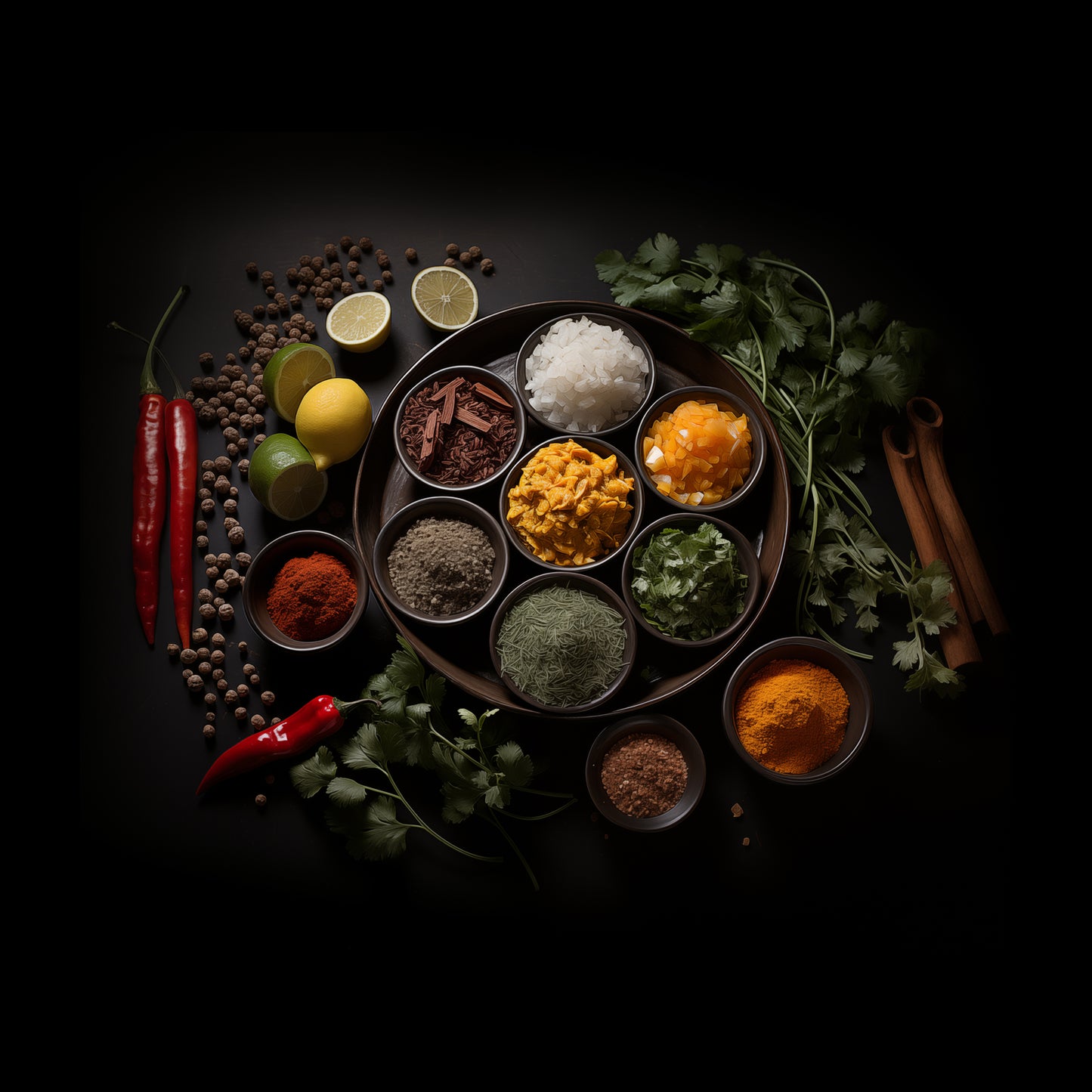 A Culinary Canvas Herbs in Bowls Photorealism