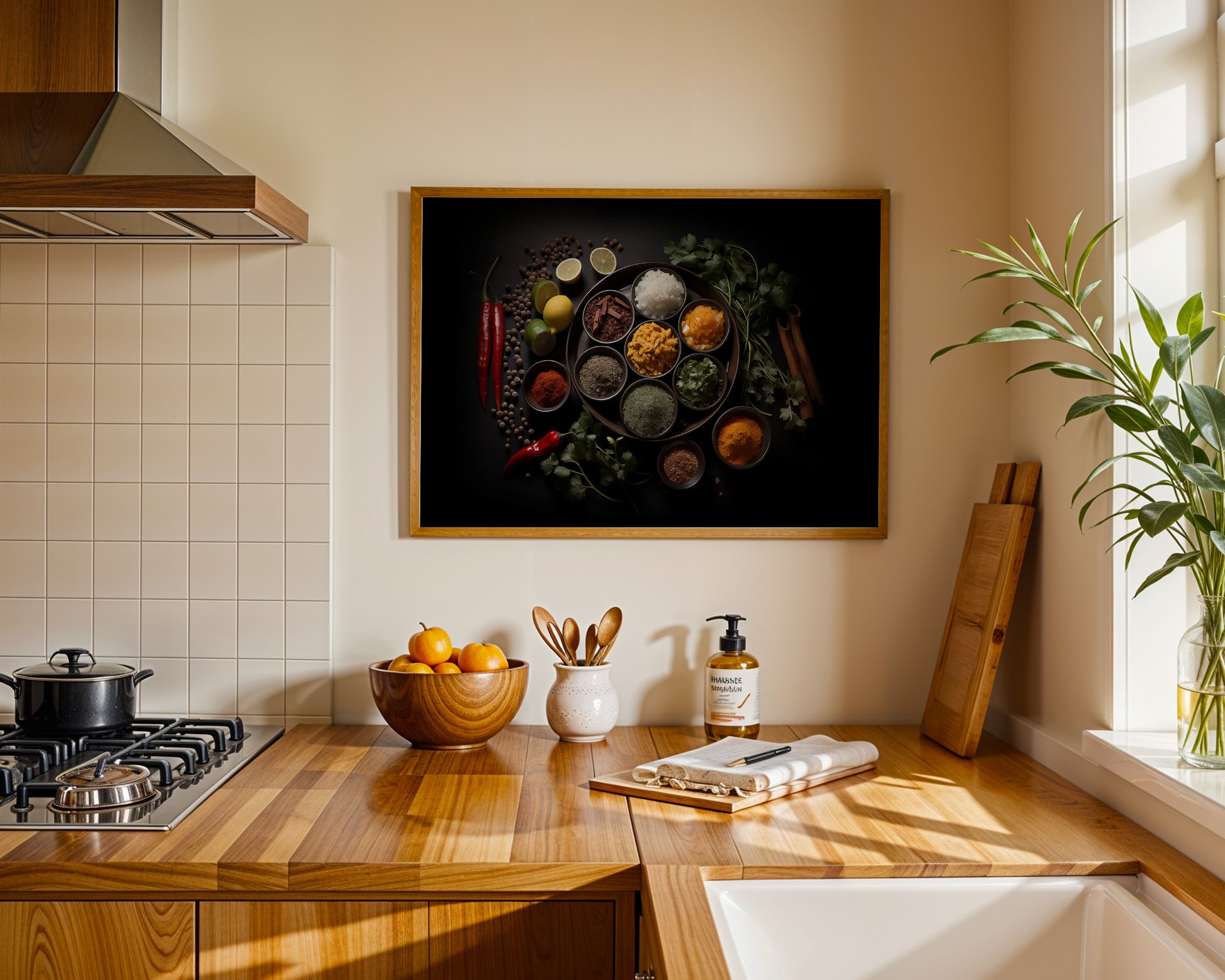A Culinary Canvas Herbs in Bowls Photorealistic Digital Artwork Wall Art Print in Kitchen Setting