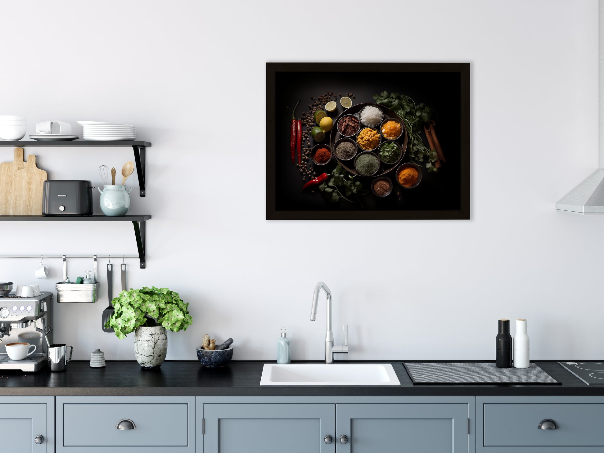 A Culinary Canvas Herbs in Bowls Photorealistic Digital Artwork Wall Art Print in Kitchen Setting 3