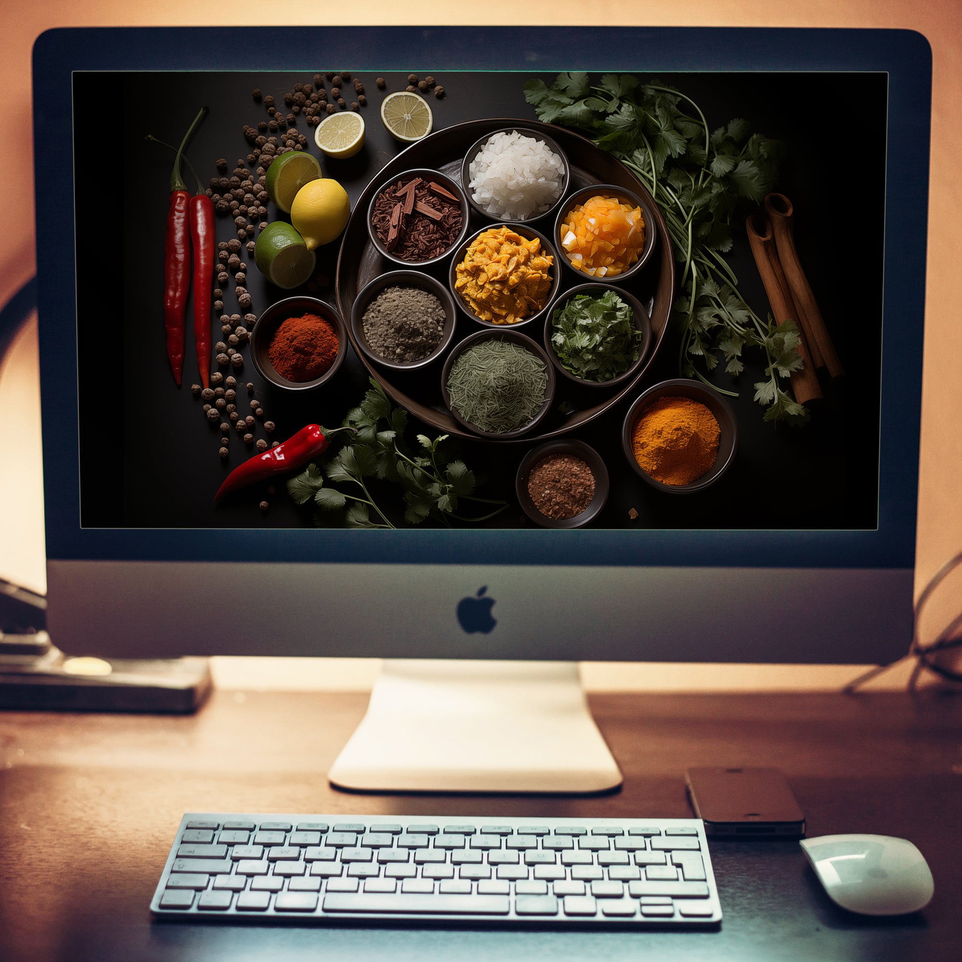 A Culinary Canvas Herbs in Bowls Photorealistic Digital Artwork Wallpaper for Computer