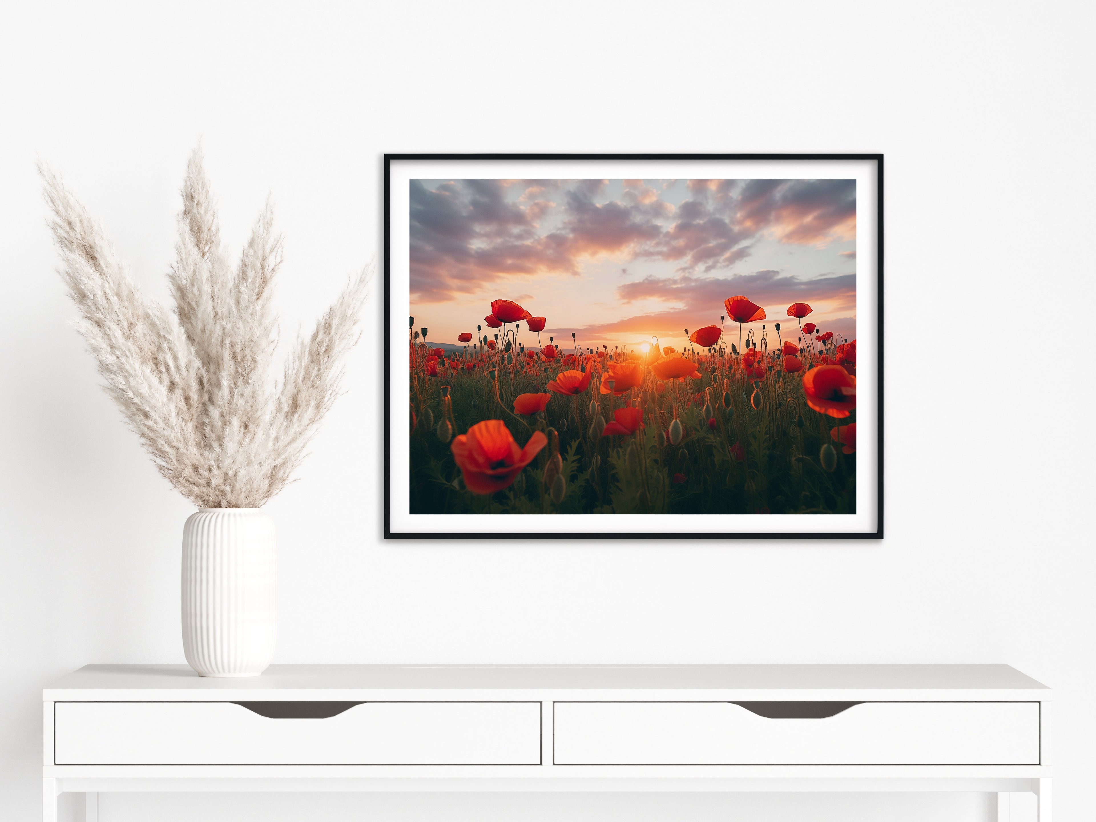 A Field of Memories Poppy Sunset Photorealistic Floral Landscape Digital Painting Artwork in Bedroom setting over dresser