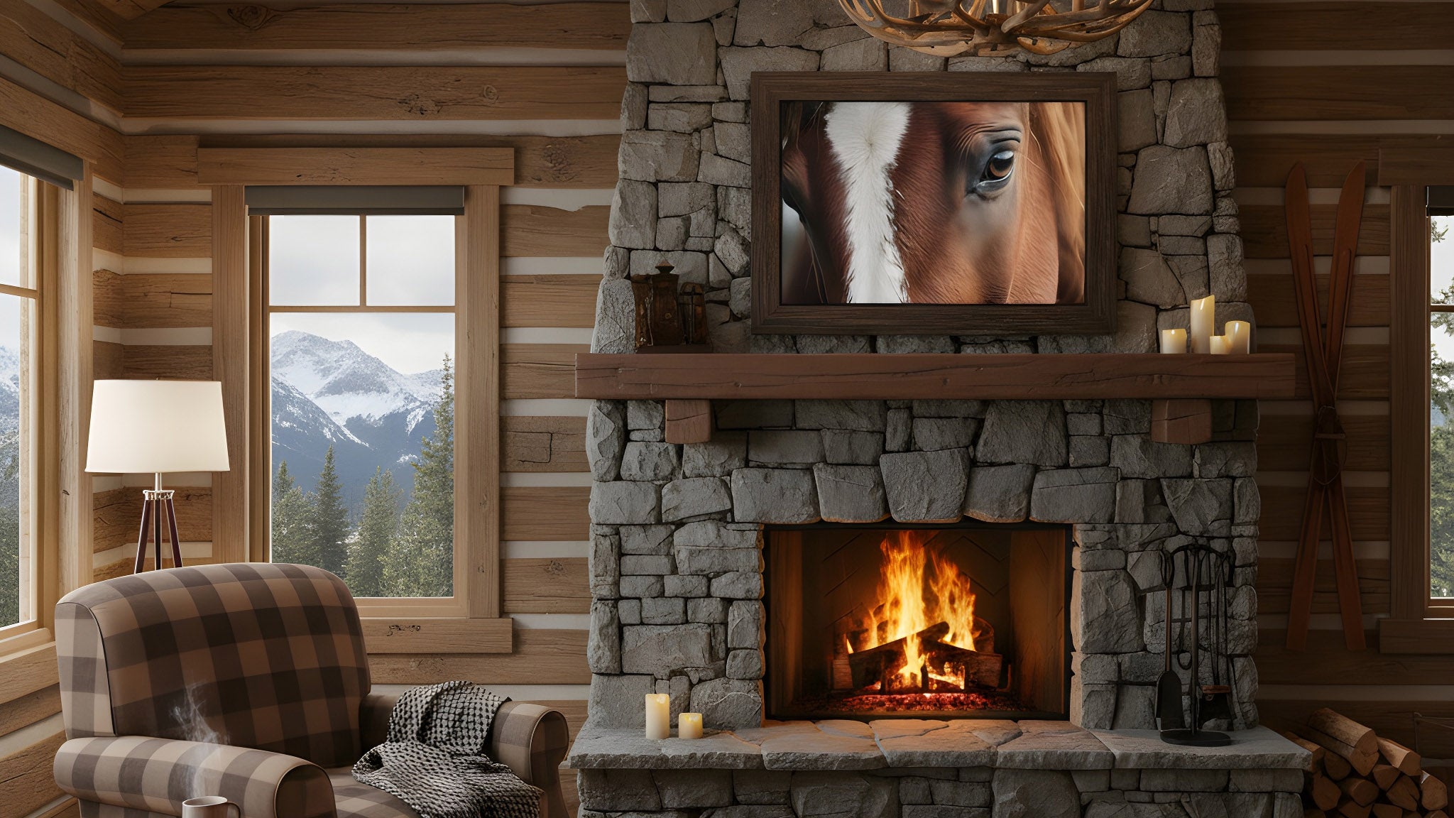 A Gentle Giant's Eye Photorealistic Horse Art Canvas Art Print in Mountain Lodge Setting 2