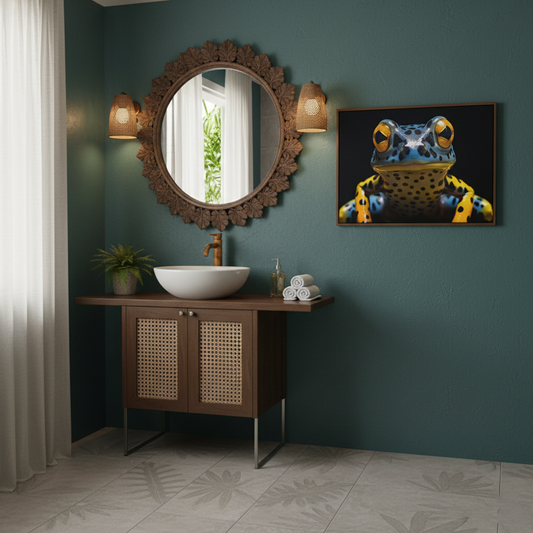 A Glimpse of the Exotic Poison Dart Frog Close-up Photorealistic Digital Artwork DIY Printable in Tropical Style Powder Room