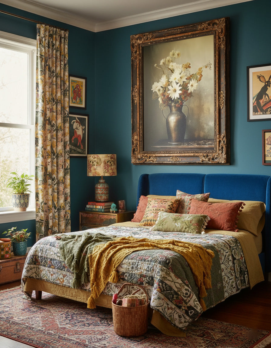 A Moment of Bloom Floral Bouquet Retro Subdued Photorealism DIY Downloadable and Printable Wall Art Print in Eclectic Style Bedroom