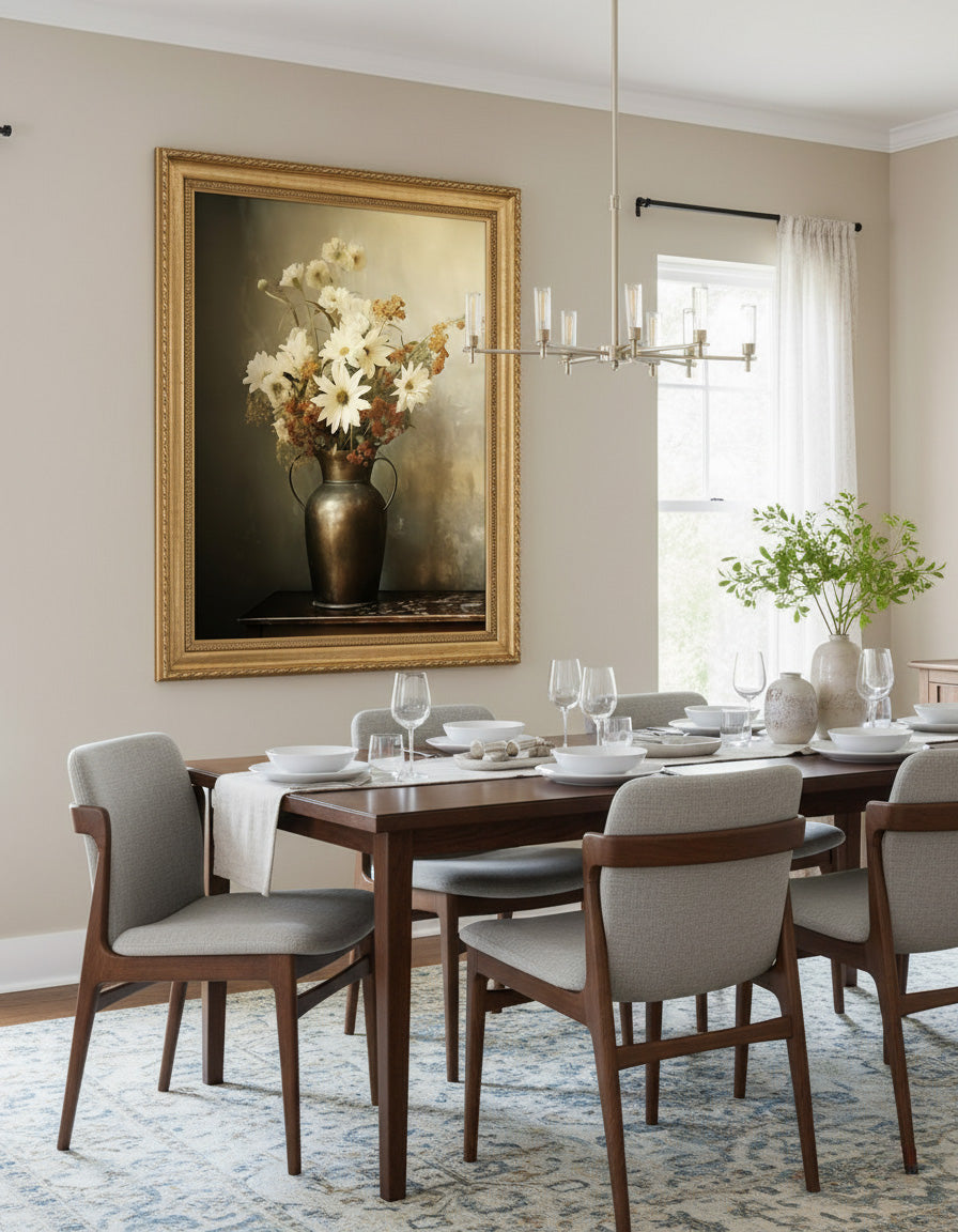 A Moment of Bloom Floral Bouquet Retro Subdued Photorealism DIY Downloadable and Printable Wall Art Print in Transitional Style Dining Room