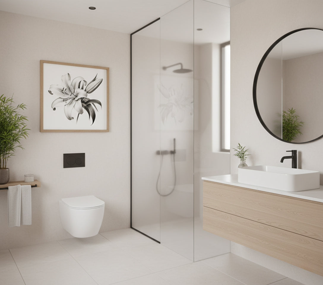 A Moment of Bloom Lily Pencil Sketch Charcoal Drawing DIY Downloadable and Printable Wall Art Print in Japandi Style Bathroom