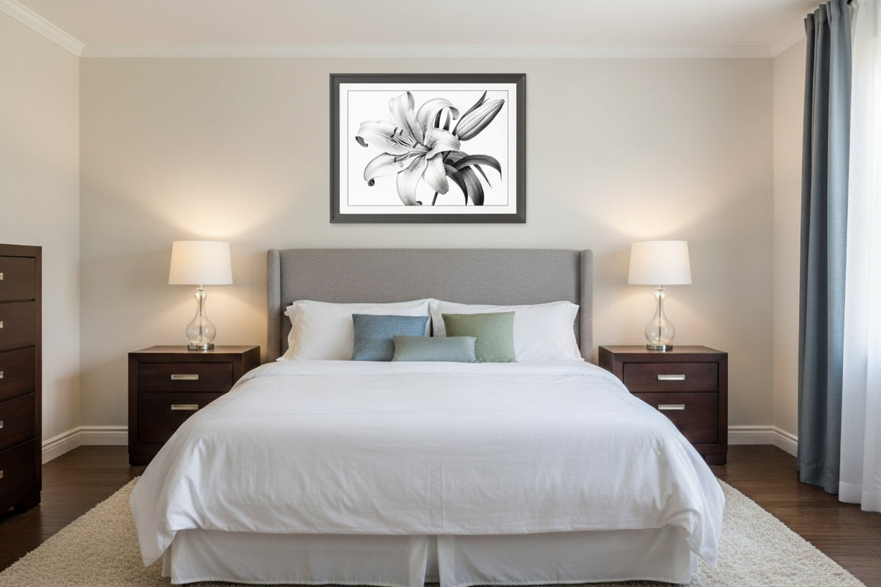 A Moment of Bloom Lily Pencil Sketch Charcoal Drawing DIY Downloadable and Printable Wall Art Print in Transitional Style Bedroom