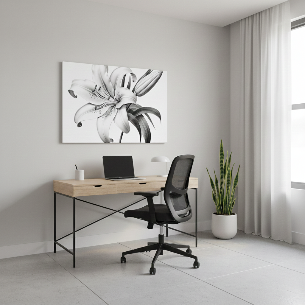 A Moment of Bloom Lily Pencil Sketch Charcoal Drawing Digital Artwork Canvas Wall Art Print in Minimalist Style Home Office