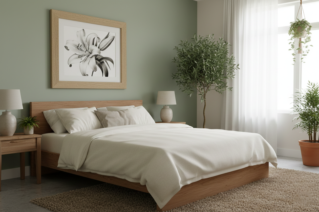 A Moment of Bloom Lily Pencil Sketch Charcoal Drawing Digital Artwork Custom Framed in Biophilic Style Bedroom