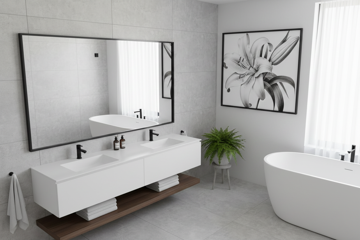 A Moment of Bloom Lily Pencil Sketch Charcoal Drawing Digital Artwork Custom Framed in Modern Style Bathroom
