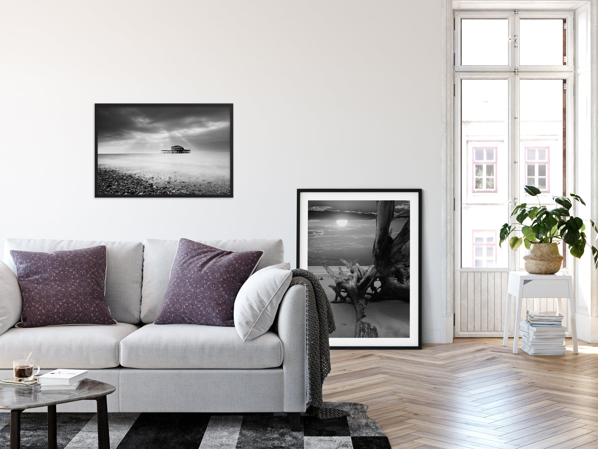 Living Room Wall Decor Above Couch: Abandoned West Pier Coastal Seascape Landscape Black and White Photograph Framed Wall Art Print