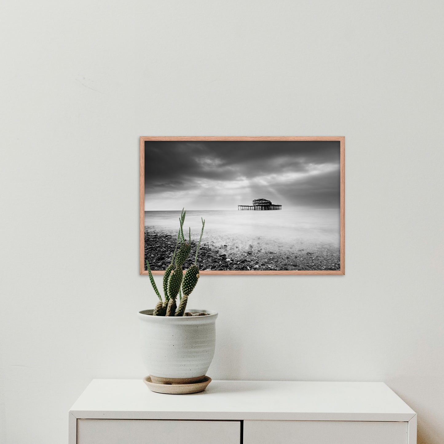 Cool Artwork For Office: Abandoned West Pier Coastal Seascape Landscape Black and White Photograph Framed Wall Art Print