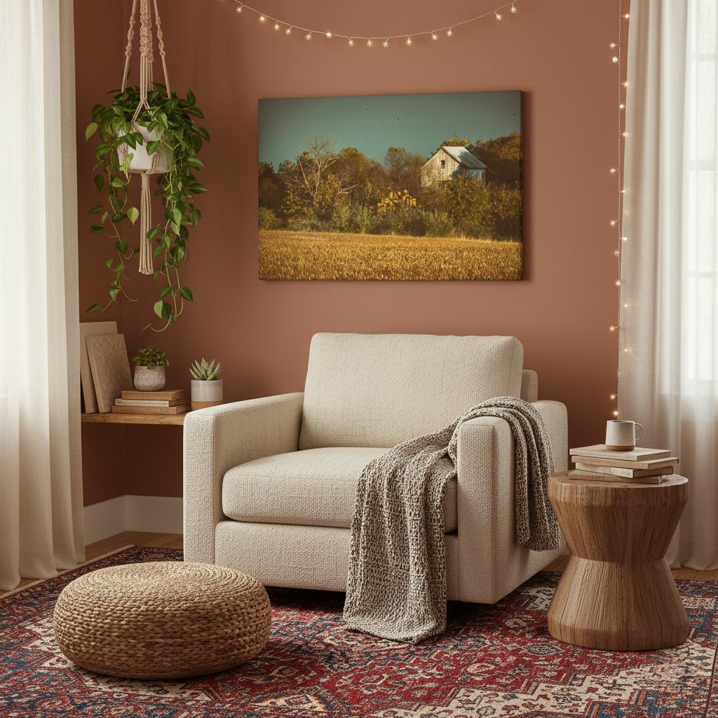 Abandoned Barn In The Trees -Aged Colorized Canvas Wall Art Print in Bohemian Style Study Reading Area
